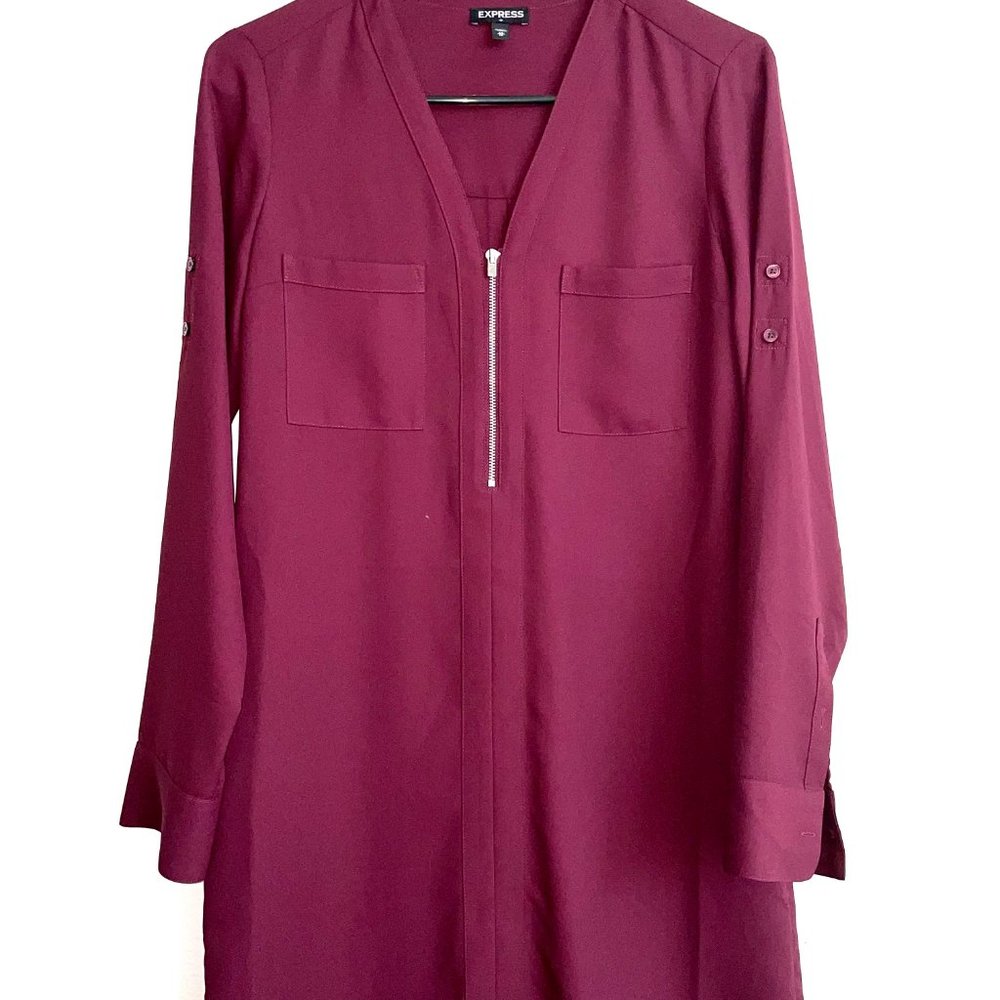 V-Neck Zips Plain Roll-Up Sleeve Long Blouse (XS)